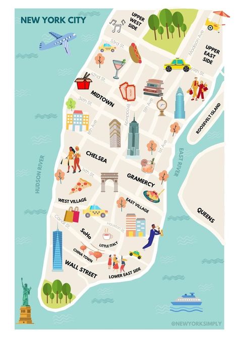 Nyc Icons, Things To Do New York, Nyc Drawing, City Maps Illustration, East Village Nyc, Nyc Itinerary, Manhattan Map, Nyc Map, New York City Vacation