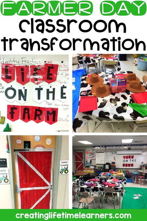 This picture shows a classroom decorated for a farmer classroom transformation day and has decorations to go with it. It shows a classroom with cow-themed cover on the table and a barn banner at the front door. Montessori, Farm Classroom Decorations, Farm Math Activities, Farm Classroom Theme Decor, Farm Man, Detective Themed Classroom, Farm Kindergarten, Steam Activities Elementary, Farm Math