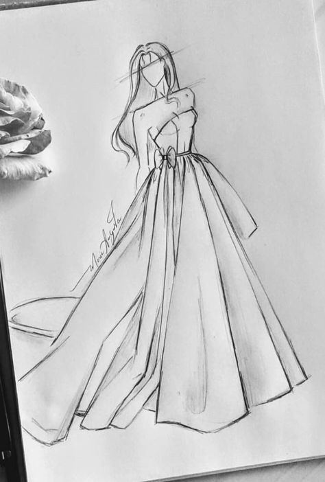 Vintage Dress Sketch, Ball Gown Design Drawing, Dresses Reference Drawing, Dress Ideas Sketch, Flower Dress Drawing Fashion Design, Fashion Design Poses, Clothing Sketches Outfits, Fancy Dress Drawing, Dresses Design Drawing