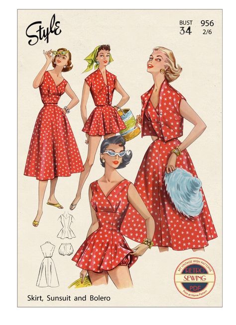 Antique Sewing Patterns, Clothing Patterns Dresses, 1950s Summer Fashion, Bolero Sewing Pattern, Skirt Sewing Patterns, Wrap Top Dress, Summer Dress Vintage, Vintage Sundress, Sewing Guide