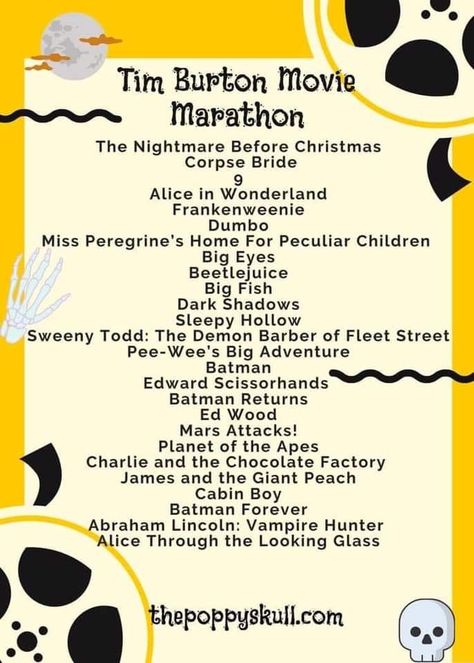 Movies Marathon List, Tim Burton Books, Halloween Marathon Movies, Tim Burton Movie Marathon, Tim Burton Movies List, Tim Burton Party Ideas, Movie Marathon Ideas, Movie Marathon List, 9 Tim Burton