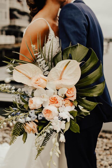 Hawaiian Bride Bouquet, Tropical Floral Crown, Beach Bridesmaid Bouquet, Tropical Flower Bridal Bouquet, Fall Tropical Wedding Flowers, Bridal Bouquet With Monstera, Wedding Bouquet Hawaii, Simple Tropical Bouquet Wedding, Palm Tree Wedding Arch