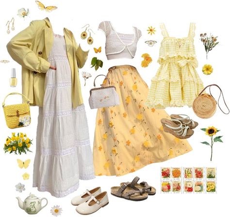 Yellow Cottage-core Look Outfit | ShopLook Couture, Garden Vibes Outfit, Cottagecore Outfits Yellow, Comfortable Cottagecore Outfits, Yellow Clothing Aesthetic, Grandma Core Outfit Summer, Cottage Core Summer Outfits Casual, Yellow Alt Outfit, Garden Core Outfit