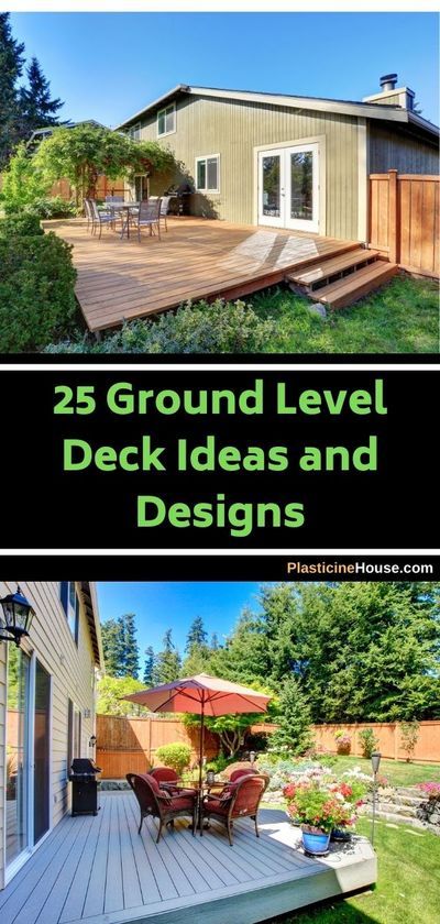 If you need a ground-level deck and don’t know where to begin, here are 25 designs to inspire you Backyard One Level Decks, Deck Level With Ground, Backyard Ground Level Deck Ideas, Different Level Decks, Deck Off Of Patio, Deck Ideas For Small Backyard, Decks For Small Houses, Ground Level Decks Backyard, Decks With No Railings Ideas
