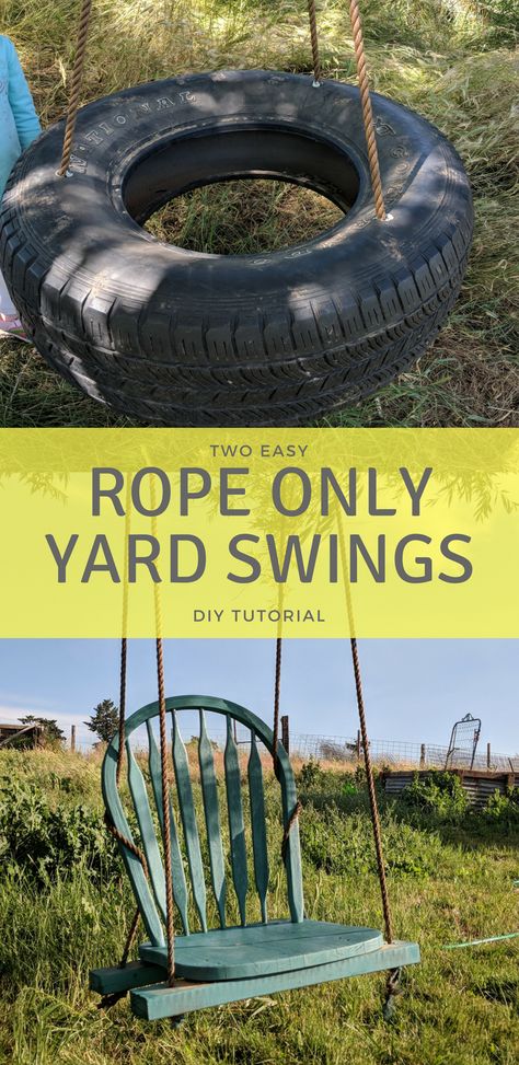 Tire swing and chair swing diy tutorial using only rope to hang the swings. No expensive chain or hardware required to make these tree swings perfectly safe and secure. Tree Swings Diy, Diy Tire Swing, Swing Diy, Tree Swings, Backyard Swing, Tire Swings, Yard Swing, Diy Swing, Chair Swing