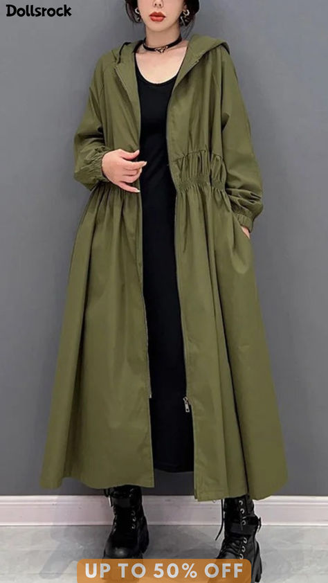 Women Green Zippered Wrinkled Hooded Long Trench Coats Spring Ponchos, Rain Coat Aesthetic, Isabelle Aesthetic, Raincoat Aesthetic, Rain Coats For Women, Long Trench Coat Women, Women Raincoat, Long Green Jacket, Long Green Coat