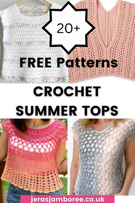 four photos of different crochet summer tops 1) square neck summer top in white 2) v-neck summer top in pink 3) boat neck crochet summer top in a lacy pattern 4) mesh crochet top with a scoop neck Amigurumi Patterns, Free Crochet Summer Tops, Crochet Mesh Tops Free Patterns, Unique Top Designs, Crochet Summer Top Pattern, Crochet Top Pattern Summer, Top Crop Tejido En Crochet, Summer Top Pattern, Bralette Pattern