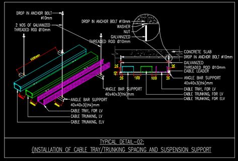 Spacing & Suspension support for Cable tray & trunking Tray Drawing, Construction Details Architecture, Details Architecture, Cable Trays, Cable Tray, Building Information Modeling, Threaded Rods, Dj Booth, Construction Details