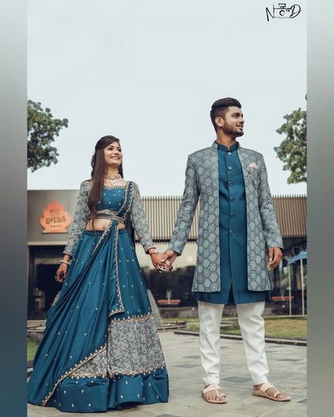 Engagement Couple Dress South Indian, Bride N Groom Matching Dress Indian, Groom Dress For Sangeet, Lehenga Poses With Husband, Indian Engagement Couple Outfit, Engagement Party Outfit Couple, Engagement Photos Indian Outfits, Engagement Indian Dress, Wedding Couples Dresses Indian