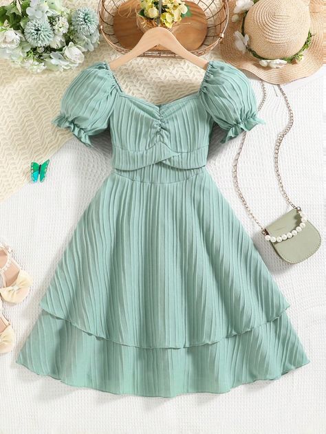 Mint Green Cute Collar Short Sleeve Polyester Plain A Line Embellished Non-Stretch  Tween Girls Clothing Cute Dresses For 13 Yo, Mint Clothes, Mint Dresses, Cute Easter Outfits, Easter Clothes, Dress Outfits Party, Kids Dress Collection