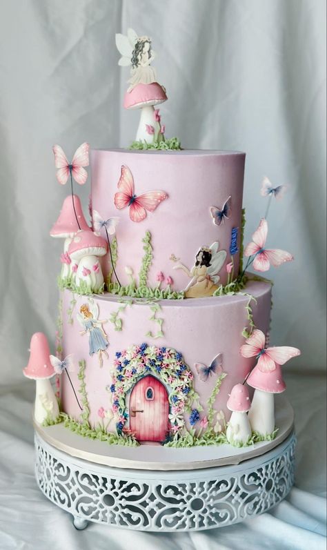 Fairy Cake 1st Birthday, 2 Tier Fairy Cake, Fairy Garden Theme Cake, Fairy Garden Cakes For Girls Birthday, Fairy Garden Smash Cake, Cake Fairy Birthday, Fairy Birthday Cake Ideas Simple, Fairy House Birthday Cake, Enchanted Forest Theme Birthday Cake