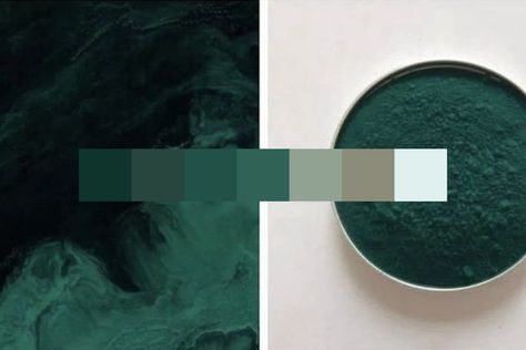 This color palette is inspired by a copper complex - Phthalocyanine Green G, aka Phthalo Green. It comprises seven shades of intense cool green with hints of blue, two sage hues, and one light shade of bluish green, brightening the palette. Phalto Green Color, Phthalo Green Paint, Phthalo Green Room, Phlato Green Color, Pthalo Green Color Palette, Phtalo Green Bedroom, Dark Shades Of Green, Phlato Green Aesthetic, Phthalo Green Color Palette