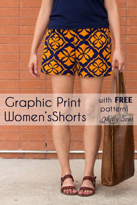 Sew Womens Shorts with this FREE pattern and tutorial - Graphic Print Shorts by Melly Sews Shorts Pattern Free, Melly Sews, Sewing Patterns Free Women, Sewing Shorts, Trendy Sewing Patterns, Sewing Pants, Shorts Tutorial, Shorts Pattern, Sewing Clothes Women