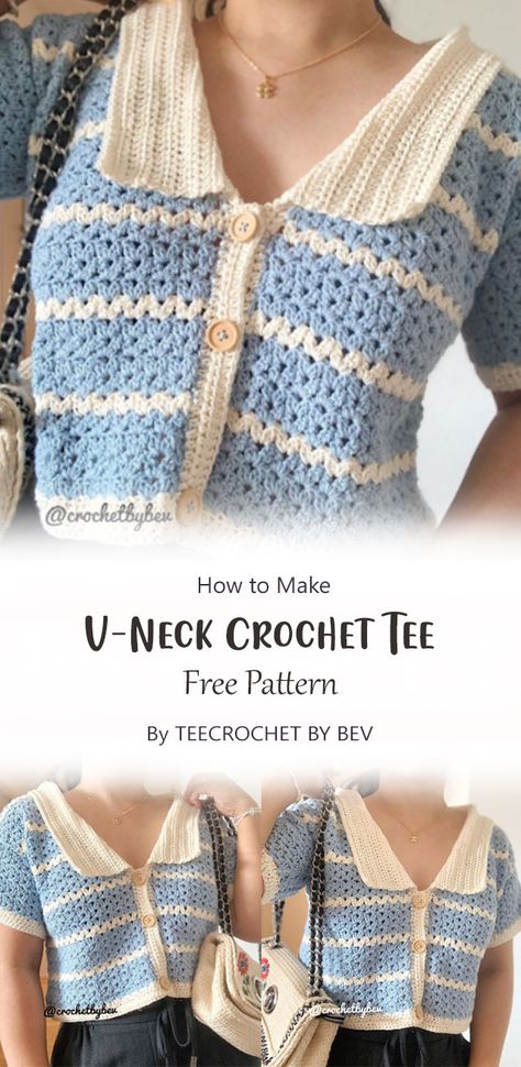 Crochet Shirt Free Pattern, Crochet Shirt Pattern, Crochet Tee, Crochet Top Outfit, Crochet T Shirts, Crochet Design Pattern, Crochet Tops Free Patterns, Crochet Collar, Crochet Fashion Patterns
