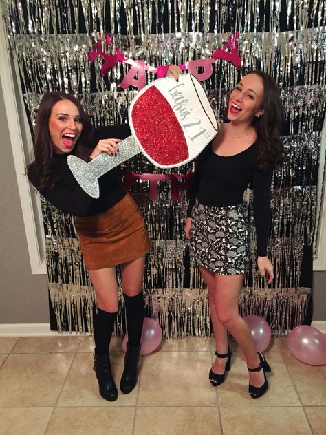 21st Birthday 21st Birthday Photo Booth Ideas, 21st Birthday Photo Props, New Year Photo Booth Ideas, 21st Birthday Glass Ideas, Wine Party Decorations Birthday, 21 Bday Ideas Decoration, Photobooth Birthday Party, Birthday 20 Years Ideas, Wine Birthday Party Decorations