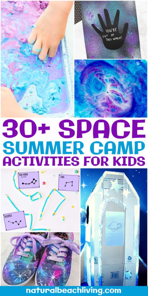 30+ Space Summer Camp Theme Activities - Natural Beach Living Space Camp For Preschoolers, Summer Camps For Kids Themes, Space Theme Week Activities, Last Day Of Summer Camp Activities, Summer Camp Space Theme Activities, Space Themed Camp Activities, Space Themed Kids Activities, Summer Camp Preschool Themes, Space Week Summer Camp