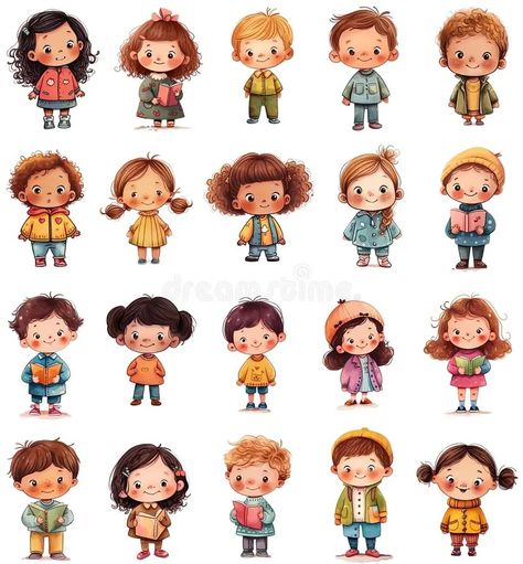 Cute cartoon little children standing with books, full height, preschoolers boys and girls. Happy kids clipart collection isolated stock photos Children’s Book Illustration Simple, Cartoon Kids Character, Children Book Illustration Watercolor, Boys Body, Children's Book Characters, Illustration Art Kids, Doodle Books, Cartoon Children