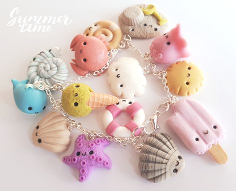 polymer clay kawaii summer bracelet: sun, cloud, shells, sea, marine, octopus, sand, brab, fish, starfish, ice cream Polymer Clay Sea Animal, Starfish Polymer Clay, Sand Clay Crafts, Polymer Clay Earrings Kawaii, Sun Polymer Clay, Polymer Clay Kawaii Animals, Polymer Clay Bracelet Charms, Kawaii Polymer Clay Charms, Summer Clay Ideas