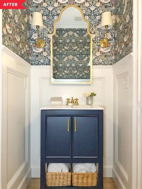 Aug 6, 2020 - A small half bathroom got a beautiful makeover thanks to some William Morris wallpaper. Half Bath Wallpaper, Small Half Bathroom, Wallpaper Powder Room, Small Half Bath, Small Bathroom Wallpaper, Half Bath Remodel, Powder Room Remodel, Powder Room Wallpaper, Powder Room Design