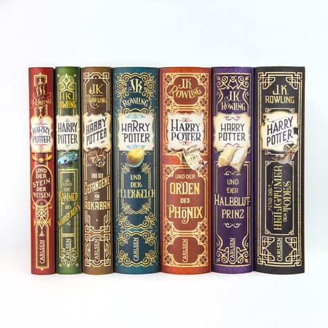 Many countries around the world have celebrated 20 years of Harry Potter this year. In Germany, they commemorated the big anniversary with these gorgeous new editions of all seven books – reimagined by Iacopo Bruno. Harry Potter Books, Collectors Edition Books, Classe Harry Potter, Harry Potter Book Covers, غلاف الكتاب, Philosopher's Stone, Buku Harry Potter, Book Spine, Beautiful Book Covers