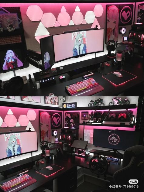 Pink And Black Computer Setup, Streamer Office Ideas, Pink And Black Set Up Gaming, Black Gaming Desk Setup, Pc Desktop Setup, Gaming Setup Women, Black White And Pink Gaming Setup, Pc Setup Pink And Black, Black White And Pink Pc Setup