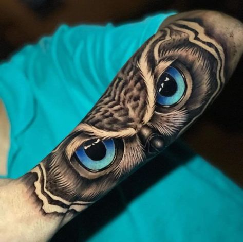 Owl Eyes Tattoo, Blue Eyes Tattoo, Polynesian Forearm Tattoo, Owl Forearm Tattoo, Owl Eye Tattoo, Realistic Eye Tattoo, Owl Tattoo Sleeve, Cute Owl Tattoo, Owl Tattoo Drawings
