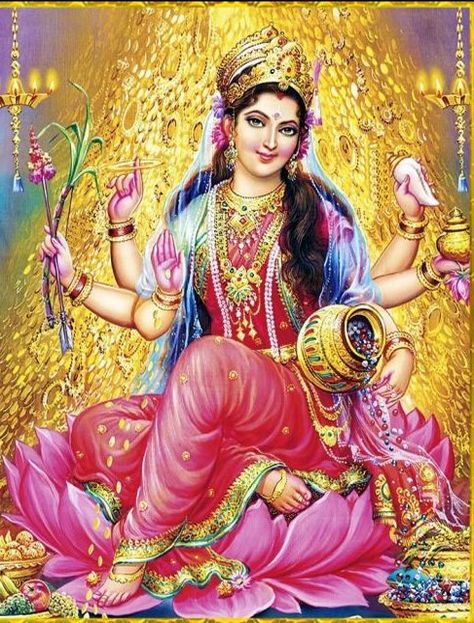 "Lakshmi is a Goddess of Fortune. Even though she is considered to be a Hindu Goddess, I personally think that she is a Universal Goddess. Anyone who chooses a spiritual focus for bringing more fortune and abundance into their lives can call upon her. She is the Goddess of wealth, prosperity, abundance, beauty and love. Lakshmi usually wears red saree and adorned with a gold jewelry. She is pictured sitting or standing on the lotus with gold coins pouring (To continue, click on the image) Divine Goddess, Lakshmi Images, Indian Goddess, Lord Vishnu Wallpapers, Kali Goddess, Devi Durga, Divine Mother, Sacred Feminine, Goddess Lakshmi