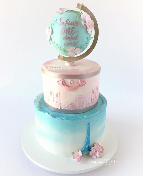 World Birthday Cake, Travel Wedding Cake, Map Cake, Travel Party Theme, Pretty Cupcakes, Happy First Birthday, Instagram Cake, Awesome Cakes, Baby Birthday Cakes