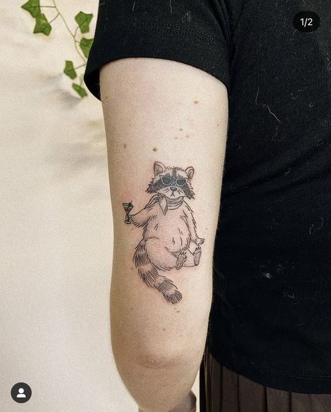 Raccoon Tattoo Ideas. Raccoon With Cowboy Hat Tattoo, Raccoon Tattoo Neotraditional, Neo Traditional Raccoon Tattoo, Quirky Animal Tattoo, Raccoon Face Tattoo, Whimsical Animal Tattoo, Animal Patchwork Sleeve Tattoo, Cowboy Raccoon Tattoo, Herbology Tattoo