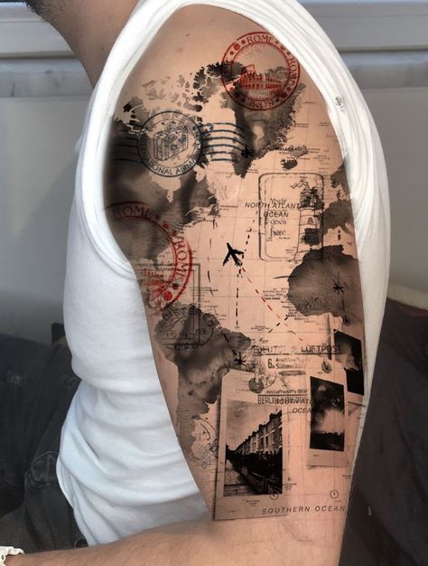 The Art of Travel: Exploring the World of World Traveler Tattoos | Aesthetic & Unique Tattoo Ideas Full Sleeve Leg Tattoo Men, Map Tattoos Men, World Map Tattoo Sleeve, Cruise Ship Tattoo, Travel Sleeve Tattoo, Map Tattoo Sleeve, Travel Tattoo Men, Travel Tattoo Sleeve, Pirate Map Tattoo