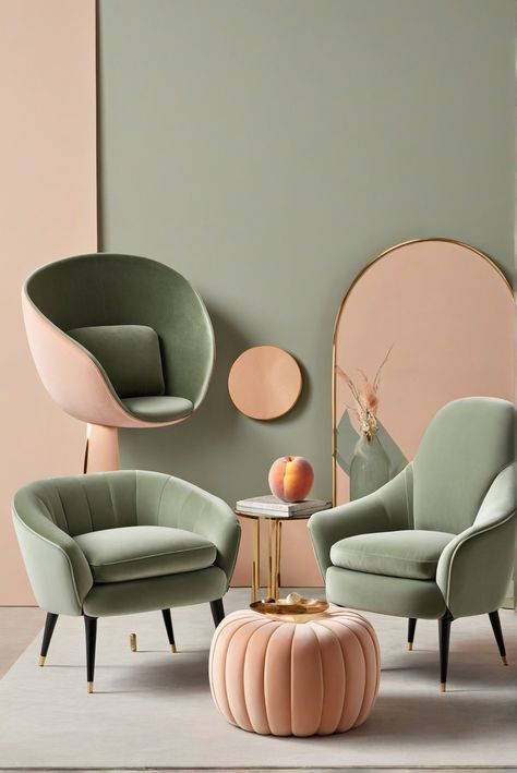 How To Take Center Stage: Eye-Popping Elegance with Sage Green and Peach Chairs [2024] #Ad #homedecor #homedesign #fixhome #Painthome #interiorarchitecture Sage Green And Peach Living Room, Pink And Green Sitting Room, Pistachio Living Room, Green Pink Office, Green Peach Bedroom, Sage And Yellow Bedroom, Peach Fuzz Bedroom, Pink And Green Salon, Pistachio Room