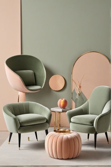 How To Take Center Stage: Eye-Popping Elegance with Sage Green and Peach Chairs [2024] #Ad #homedecor #homedesign #fixhome #Painthome #interiorarchitecture Pink And Green Sitting Room, Sage Green Beauty Salon, Peach And Green Bedroom Ideas, Sage Green And Blush Aesthetic, Living Room Ideas Color, Peach Green Color Palette, Peach Wall Living Room, Peach Fuzz Bedroom, Green Peach Bedroom