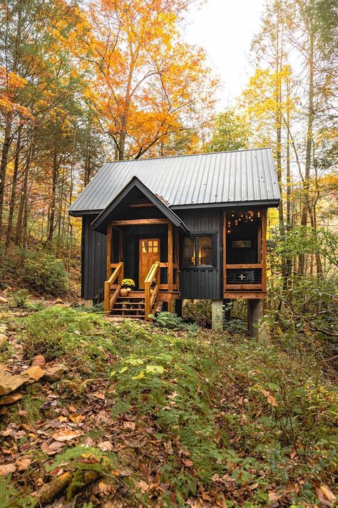Outside Common Area Ideas, Creekside Tiny House, Cute Cabins In The Woods, Small Homes In The Woods, Small Cabin Cottage, Getaway Cabins Woods, Tiny Home In The Mountains, Tiny Cabin Exterior Ideas, Small Airbnb Cabin