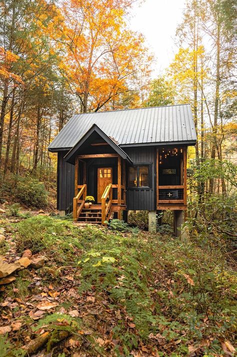 Small Cabin Cottage, Cute Cabins In The Woods, Cozy Tiny Cabin, Small Homes In The Woods, Tiny Cabin Exterior Ideas, Small Cabin Front Porch Ideas, Tiny Homes In The Woods, Tiny Home In The Mountains, Small Cabin Porch Ideas