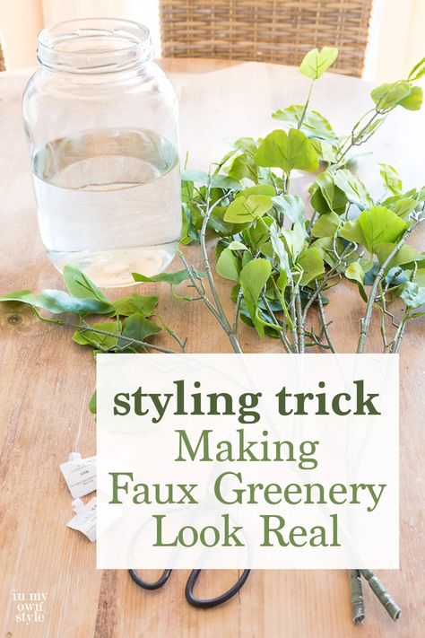 When you use this easy to do trick when decorating with fake branches, flowers and greenery they will appear real. It is so easy to do with whatever fake foliage you already own. #fauxplants #fauxflowers #fauxgreenery #fakeplants #artificialflowers Fake Floral Arrangements Diy, Hanging Plant Ideas, Fake Flower Centerpieces, Faux Flower Centerpiece, Takken Decor, Diy Greenery, Fake Flowers Decor, Faux Plants Decor, Fake Flower Arrangements