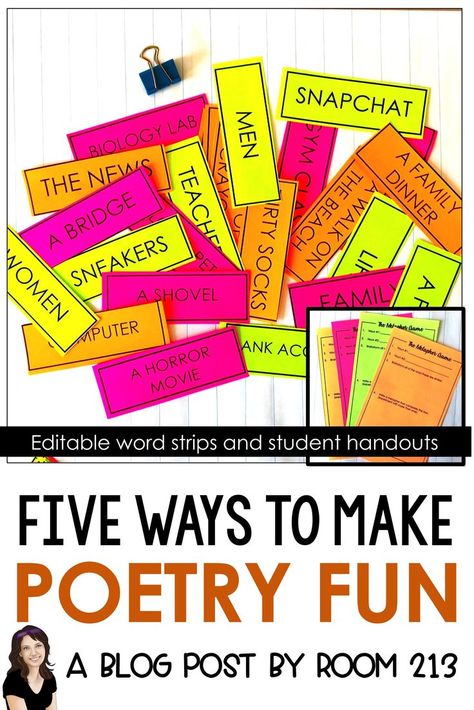Teaching poetry? Avoid the groans from your students by making the process a little more fun for them. Room 213 has strategies and free activities that you can use to get your students interested in (and less afraid of) poetry. #poetrylessons #middleschoolela #highschoolenglish #teachingpoetry #figurativelanguage Montessori, Poetry Stations Middle School, Poetry Unit High School, Fun Poetry Activities For Middle School, Middle School Poetry Activities, Poetry For Elementary Students, Poetry Activities Middle, Poetry High School, Teaching Poetry Middle School