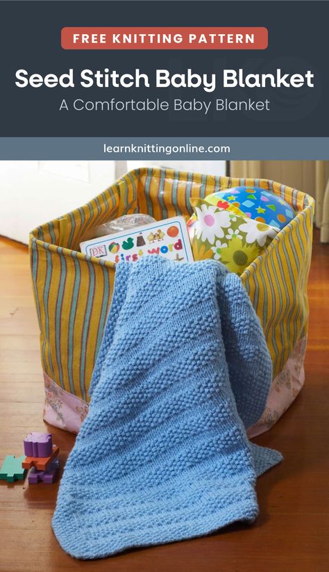 Complete your tyke's nursery with this Seed Stitch Baby Blanket, a super soft and comfy piece that will keep the little one company during playtime or bedtime. Ideal for intermediate knitters to work on. | More free knitting patterns and tutorials at learnknittingonline.com Small Knitted Baby Blankets, Knit Car Seat Blanket Free Pattern, Knitted Car Seat Blanket Free Pattern, Pram Blanket Knitting Pattern Free, Free Baby Blanket Knitting Patterns Easy, Easy Knitted Baby Blanket Patterns Free, Free Knitting Patterns For Baby Blankets, Knit Baby Boy Blanket, Seed Stitch Blanket