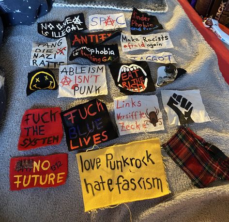 Follow Your Leader Punk, Diy Patched Pants, Jean Patches Ideas Punk, Clothes Patches Ideas, How To Make A Punk Jacket, Punk Back Patch Ideas, Making Punk Clothes, Battle Vest Back Patch, How To Make Patch Pants