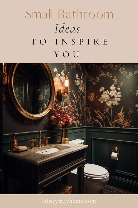 Wallpaper Bathroom Dark, Guest Bath Ideas Modern, Bathroom Remodel Moody, Cool Guest Bathroom Ideas, Moody Bathroom Ideas Wallpaper, Modern Farmhouse Powder Room Wallpaper, Moody Floral Bathroom, Small Statement Bathroom, Powder Bath Decor Ideas