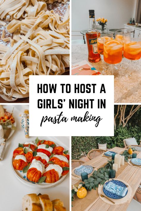 Pasta And Paint Girls Night, Pasta Making Party Ideas, Homemade Pasta Making Party, Easy Girls Night Dinner, Pasta Making Party, Pasta Night Party Ideas, Teen Dinner Party, Girls Night Dinner Ideas, Italian Dinner Party Menu Ideas