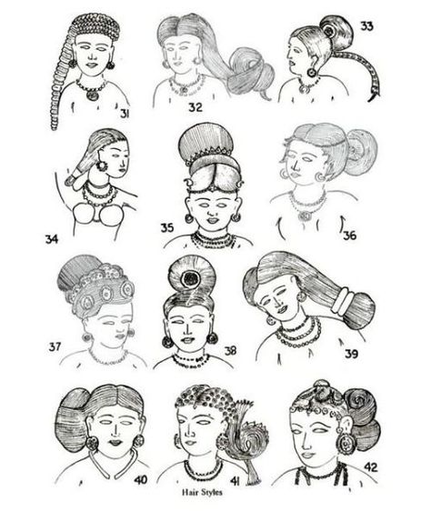 Hindu Cosmos - vintageindianclothing: Though the illustrations... Indian Hair Styles, Hair Styles Drawing, Vintage Indian Clothing, Elaborate Hairstyles, Lady Illustration, Planes Of The Face, Hindu Cosmos, Native American Drawing, Ancient Indian Art