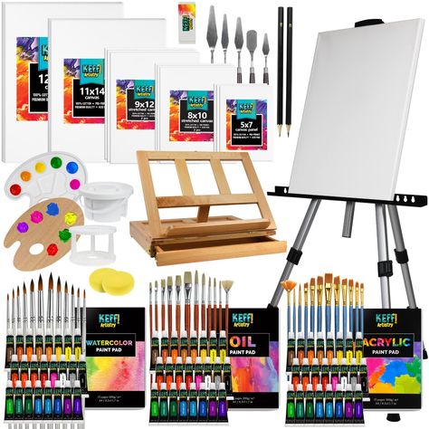 PRICES MAY VARY. THE ULTIMATE ART KITS FOR ADULTS – This Artist painting set will blow your mind. Our Deluxe paint kit is the perfect bundle for all skill levels, if you are a beginner or an artist you will relish in this art kit. Our paint kits for adults contains all paint supplies and accessories, including a field easel, table top easel, acrylic, watercolor and oil paint tubes, painting pads, stretched canvases and canvas panels, drawing pencil, eraser and all painting supplies. 3 SETS OF 24 Artists Painting, Art Painting Supplies, Wood Easel, Posca Art, Paint Tubes, Wooden Easel, Painting Accessories, Pencil Eraser, Acrylic Paint Set