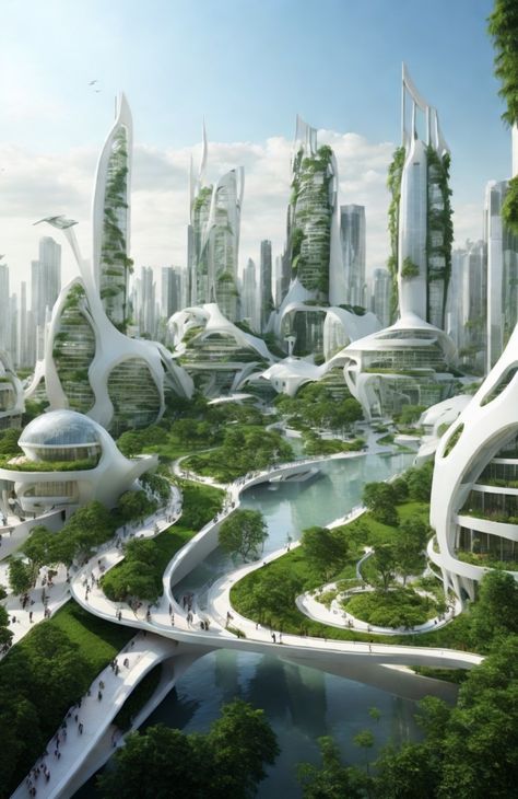 The year is 2030. A white city that hides in the forest, where nature and civilization are harmoniously blended. The city is a wonder of ecology, using biomimicry and green roofs to reduce its environmental impact. The people are peaceful and compassionate, caring for the animals and plants that share their home. #Future2030 #FuturisticCivilization #InnovativeArchitecture #SustainableDesign #AdvancedTransportation #NatureMeetsTechnology #RenewableRevolution #OptimisticFuture #illustration Eco Friendly Cities, Futuristic Plant City, Futuristic Forest City, Green Future City, Future Green City, Green City Illustration, Futuristic Green City, Biopunk City, Future Civilization