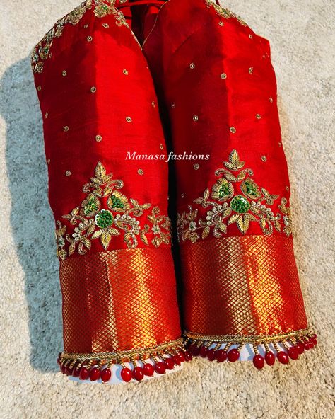 Follow Manasa fashions on instagram for more New Blouse Maggam Work Designs, Red Blouses Design, Red Maggam Blouse, Maggam Blouses Latest, Simple Maggam Work Blouse Designs Latest, Simple Bridal Aari Work Blouse Designs, Maggamwork Blouses Latest, Saree Blouse Work Designs Latest, Red Maggam Work Blouse Designs