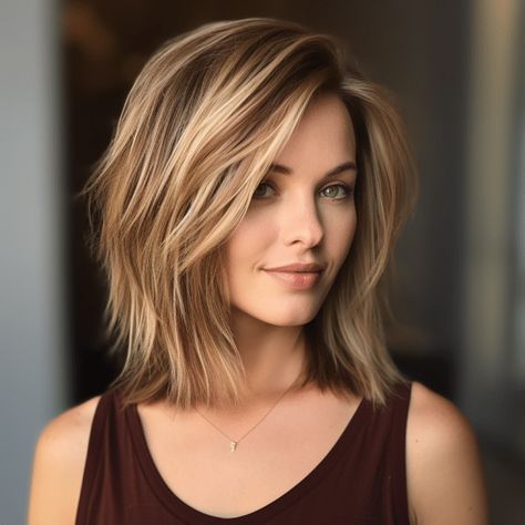 Medium Length Hair With Blonde Highlights, Hair Cuts For 2024, Mom Haircuts, Layered Haircuts For Medium Hair, Low Maintenance Haircut, Wavy Hairstyles Medium, Medium Hair Styles For Women, Medium Length Hair With Layers, Shoulder Length Hair Cuts