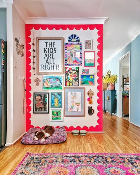 Bright Mudroom Colors, Wall Of Art Kids, Bright Bedroom Accent Wall, Cool Painting Ideas Wall, Art Classroom Gallery Wall, Colorfull Wall Art, Colorful Paintings Ideas, Colourful Modern Home, Art Room Wall Decor