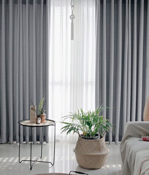 Add embroidered designs to the edges of the curtains for a custom, handmade look. Dark Grey Curtains Living Room, White And Gray Curtains, Grey Curtains Living Room, Gray Sheer Curtains, Grey Curtain, Gray Curtains, Color Curtains, Gray Minimalist, Grey Blackout Curtains