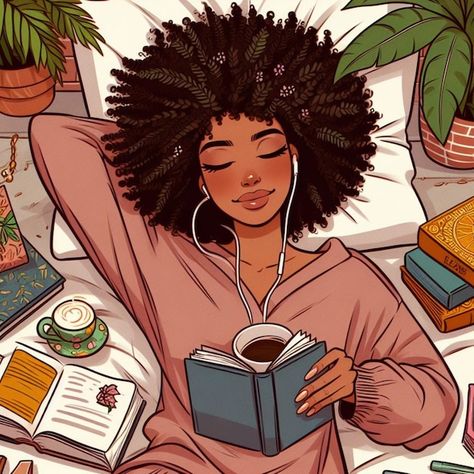 Black Girls Reading Aesthetic, Black Author Aesthetic, Reading Animation, Black Art Aesthetic, Black Women Reading, Curly Art, Black Woman Aesthetic, Black Woman Illustration, Black Animation