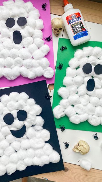 Ghost Arts And Crafts For Preschool, Puffy Ghost Halloween Craft, Cotton Ball Halloween Crafts, Pre K Halloween Crafts Easy, Preschool Ghost Art, First Grade Halloween Crafts Easy, Marshmallow Ghost Craft, Halloween Crafts Daycare, Tissue Paper Ghost Craft