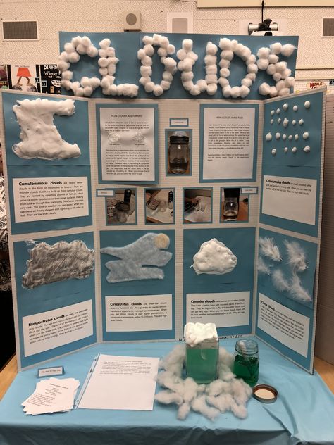Final display of Science of Clouds for Museum Night Science Fair Display Board, Science Project Board, Kids Science Fair Projects, Elementary Science Fair Projects, Science Fair Board, Science Preschool, Presentation Ideas For School, Science Fair Projects Boards, Science Display